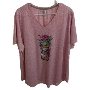 Reel Legends 2X Pink Barbiecore Pineapple Graphic V Neck Lightweight